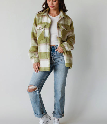 Pocketed Plaid Collared Neck Shacket-Angel Casuals