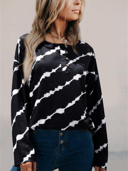 Striped Round Neck Long Sleeve T-Shirt-Angel Casuals