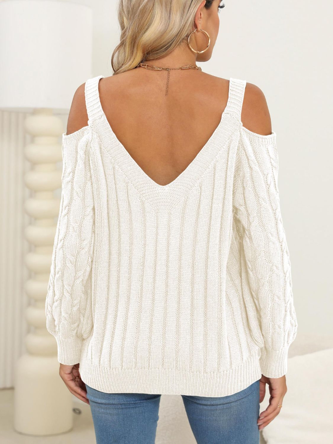 Cable-Knit V-Neck Long Sleeve Sweater-Angel Casuals