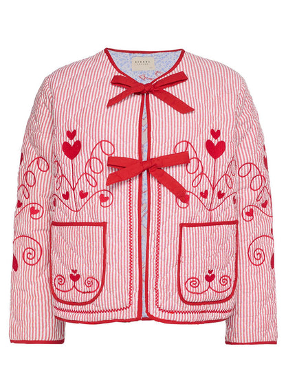 Embroidered Tied Striped Round Neck Coat-Angel Casuals