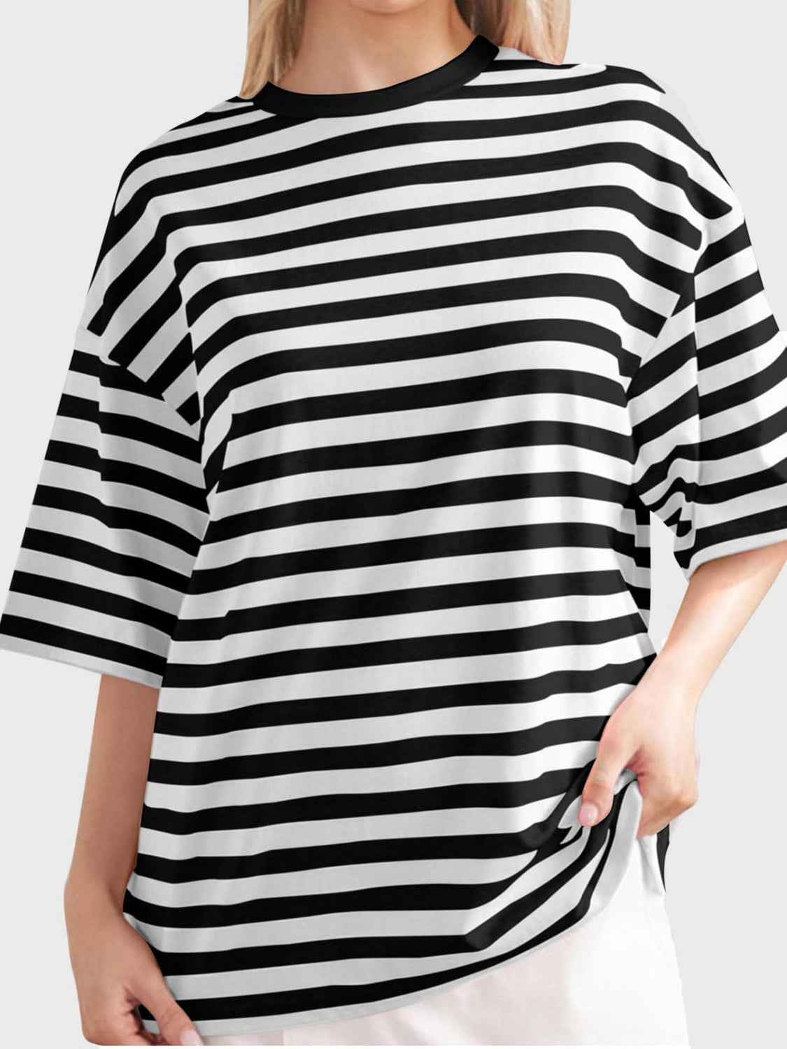 Striped Round Neck Half Sleeve T-Shirt-Angel Casuals
