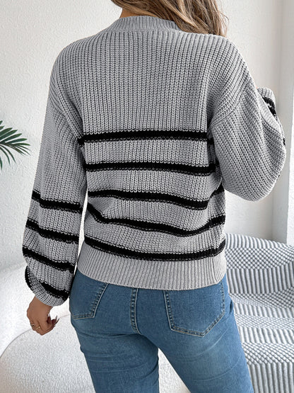 Striped Round Neck Long Sleeve Sweater-Angel Casuals