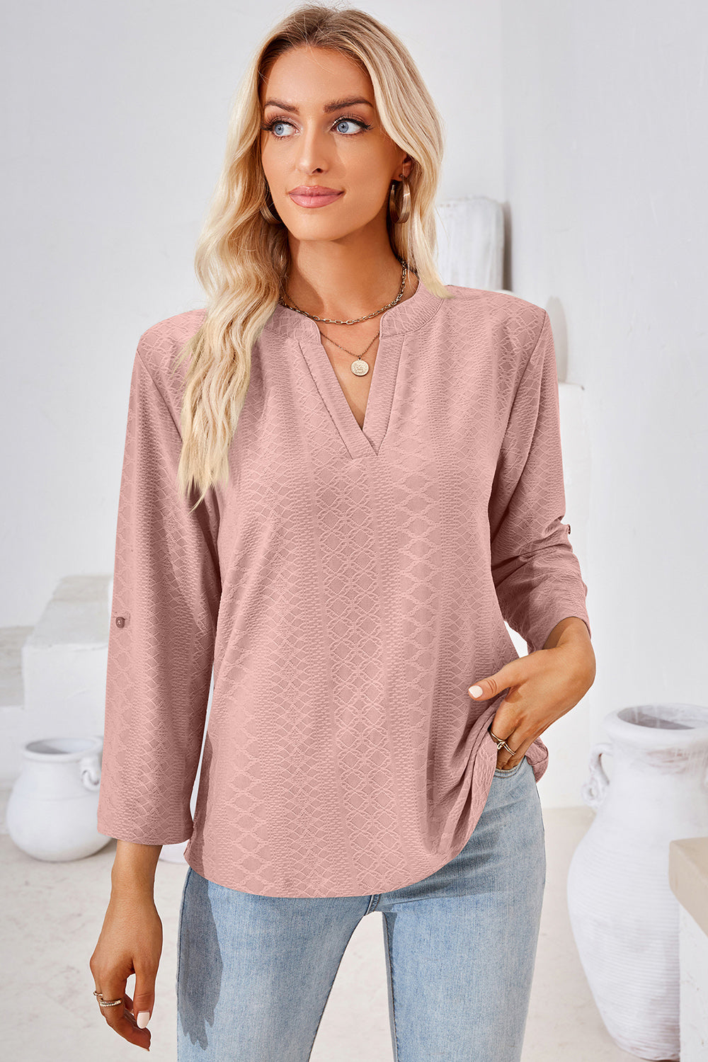 Notched Roll-Tab Sleeve T-Shirt-Angel Casuals