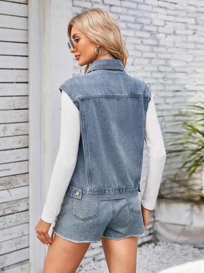 Button Up Cap Sleeve Denim Jacket-Angel Casuals