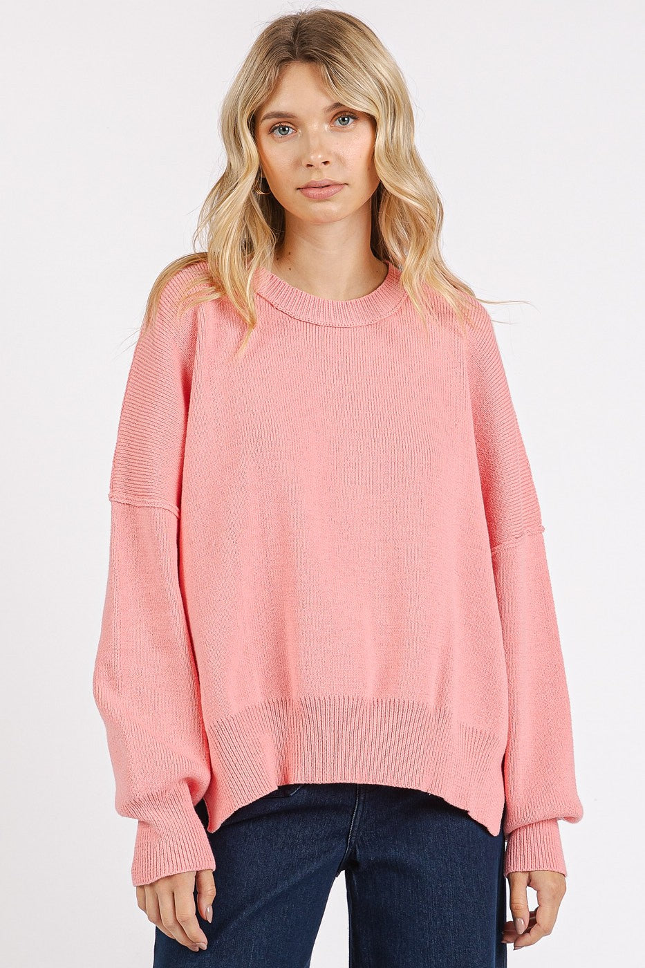 Mittoshop Side Slit Round Neck Drop Shoulder Sweater-Angel Casuals