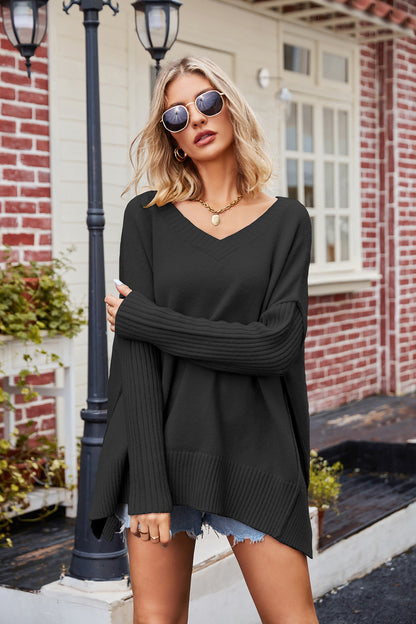 Slit V-Neck Dropped Shoulder Sweater-Angel Casuals