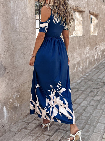 Printed Cold Shoulder Short Sleeve Maxi Dress-Angel Casuals