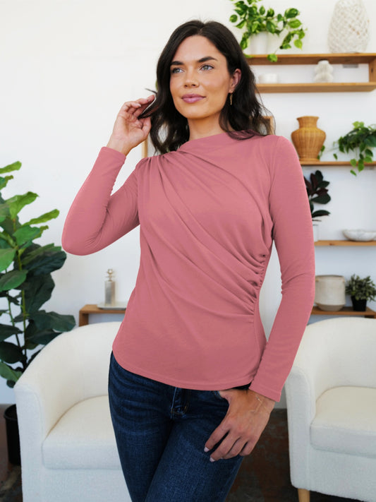 FAM-FAM Ruched Mock Neck Long Sleeve T-Shirt-Angel Casuals