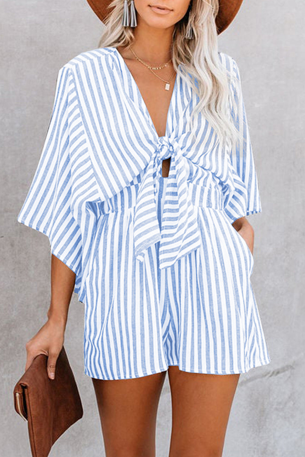 Bow Striped Kimono Sleeve Romper-Angel Casuals