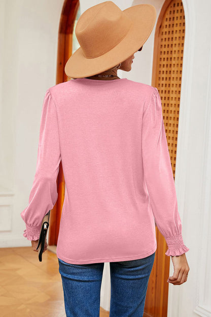 Lace Detail V-Neck Lantern Sleeve T-Shirt-Angel Casuals