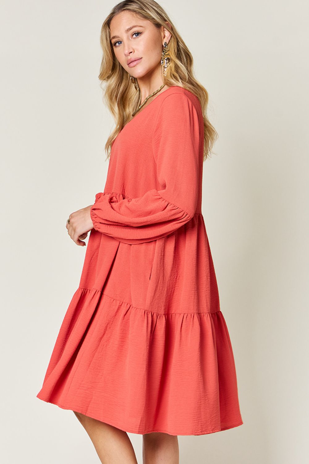 Double Take Full Size V-Neck Balloon Sleeve Tiered Dress-Angel Casuals