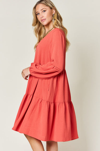 Double Take Full Size V-Neck Balloon Sleeve Tiered Dress-Angel Casuals