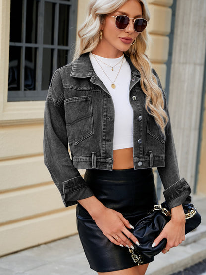 Pocketed Button Up Dropped Shoulder Denim Jacket-Angel Casuals