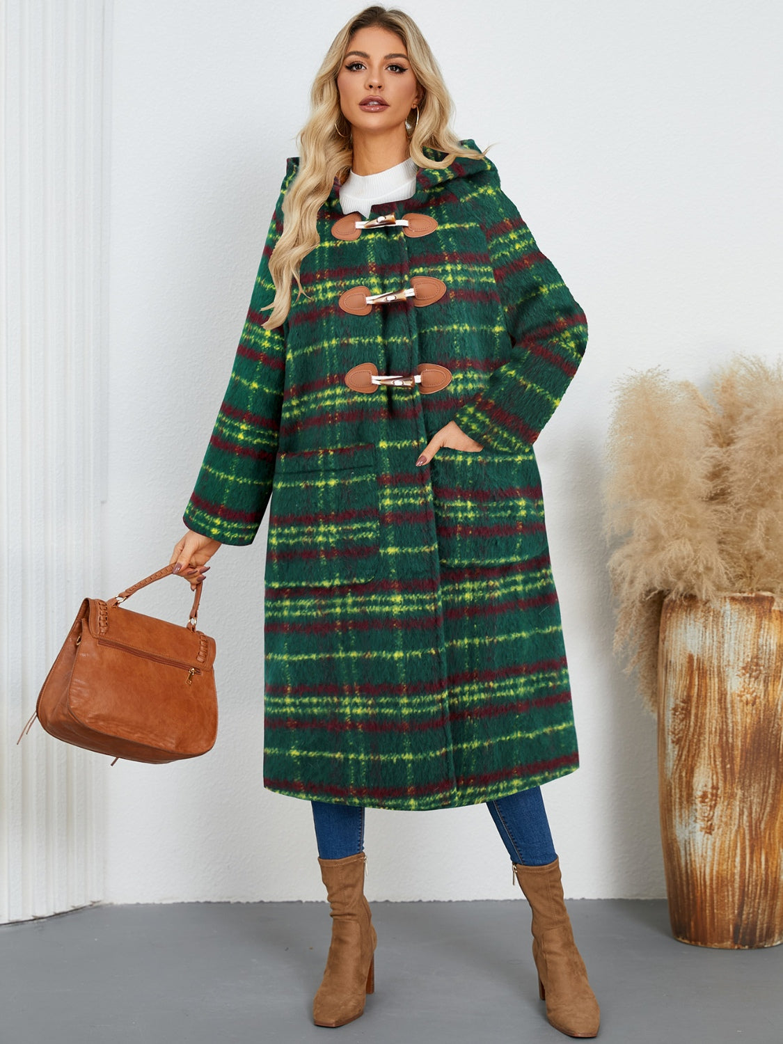 Plaid Long Sleeve Hooded Coat with Pockets-Angel Casuals