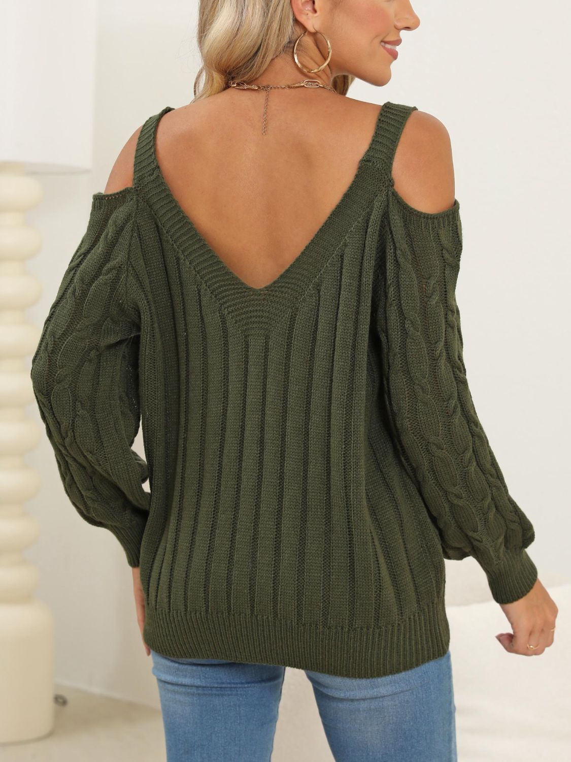 Cable-Knit V-Neck Long Sleeve Sweater-Angel Casuals