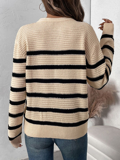 Perfee Striped Half Button Long Sleeve Sweater-Angel Casuals