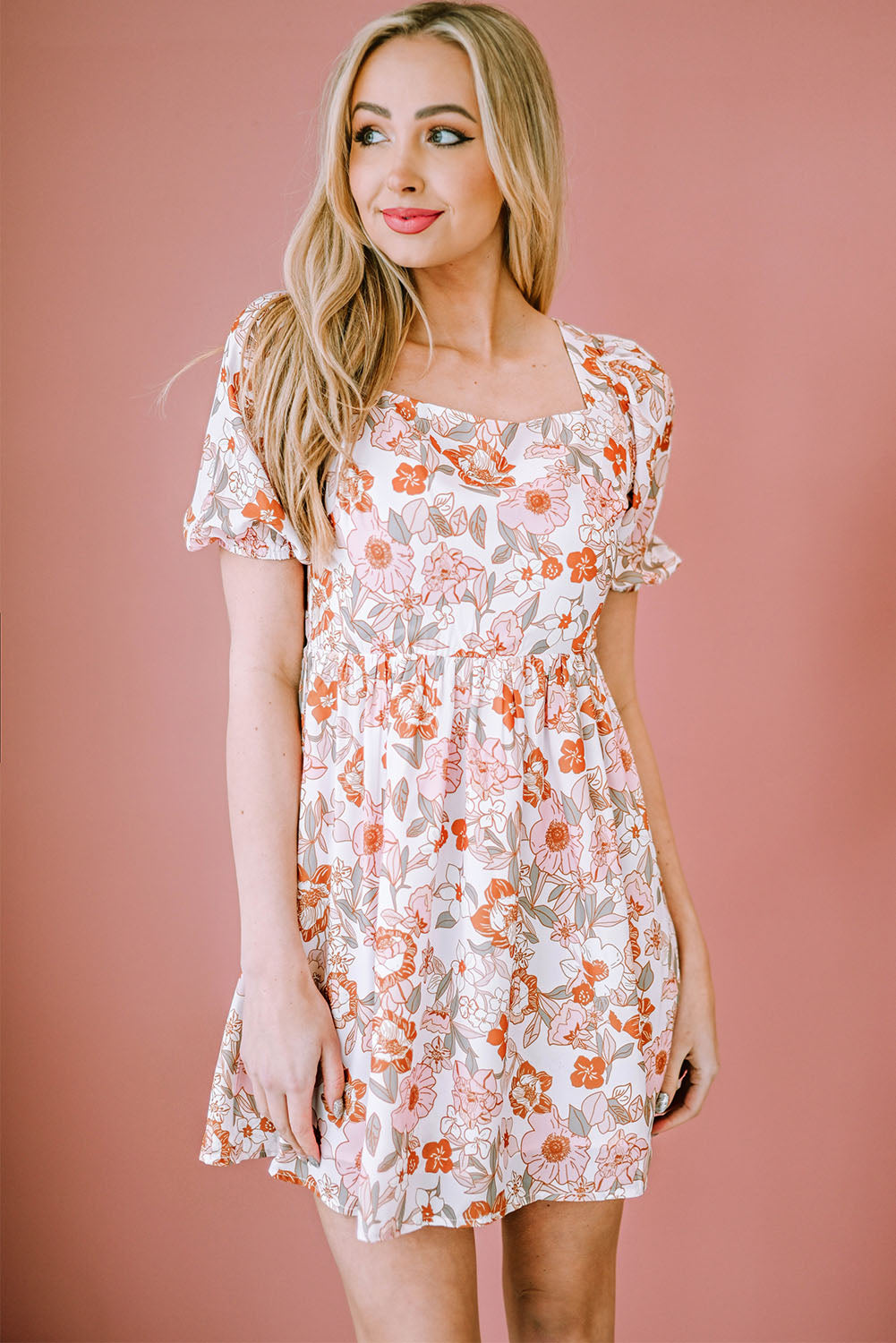 Floral Tie-Back Puff Sleeve Dress-Angel Casuals