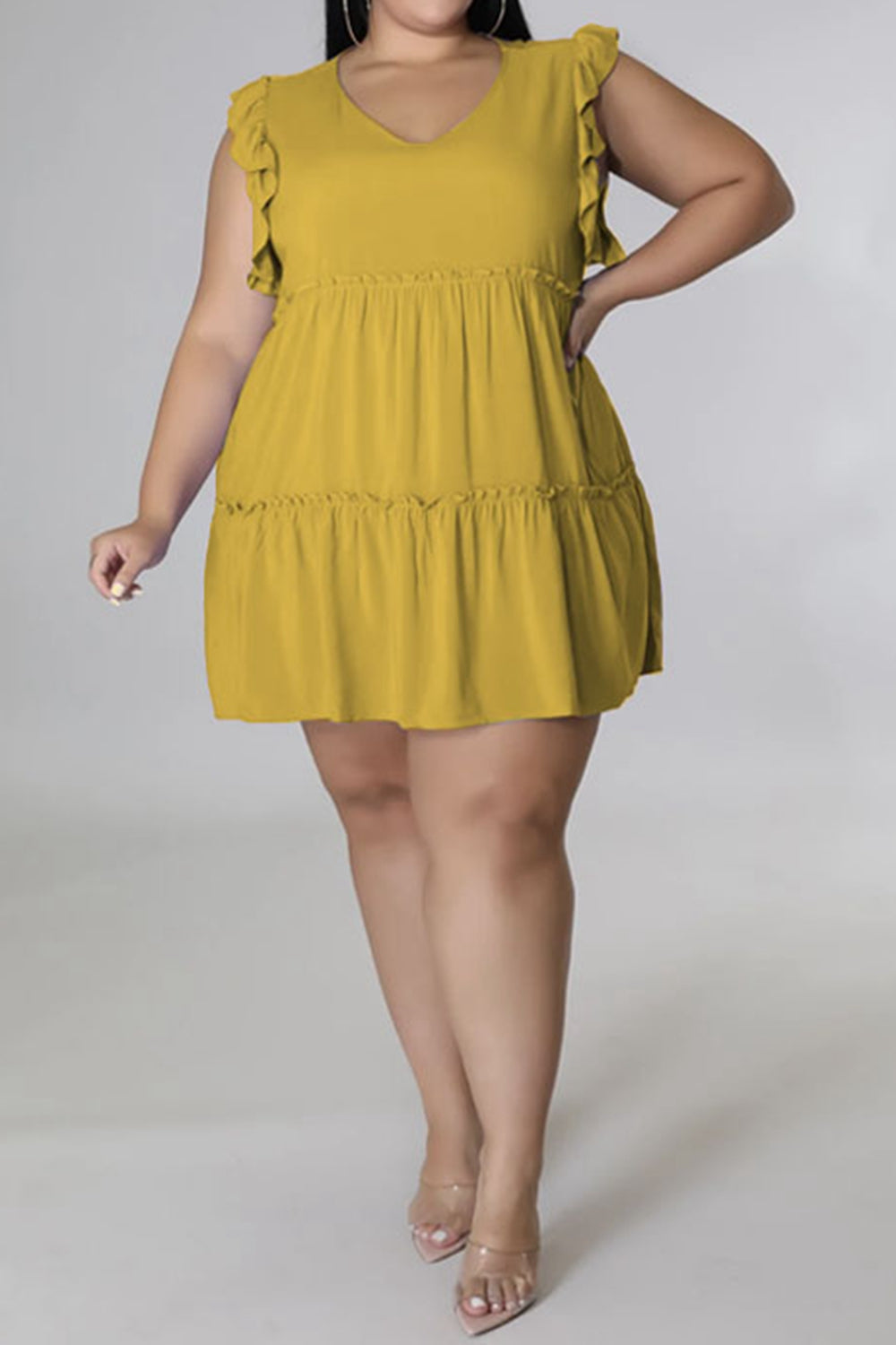 Plus Size V-Neck Frill Trim Mini Dress-Angel Casuals