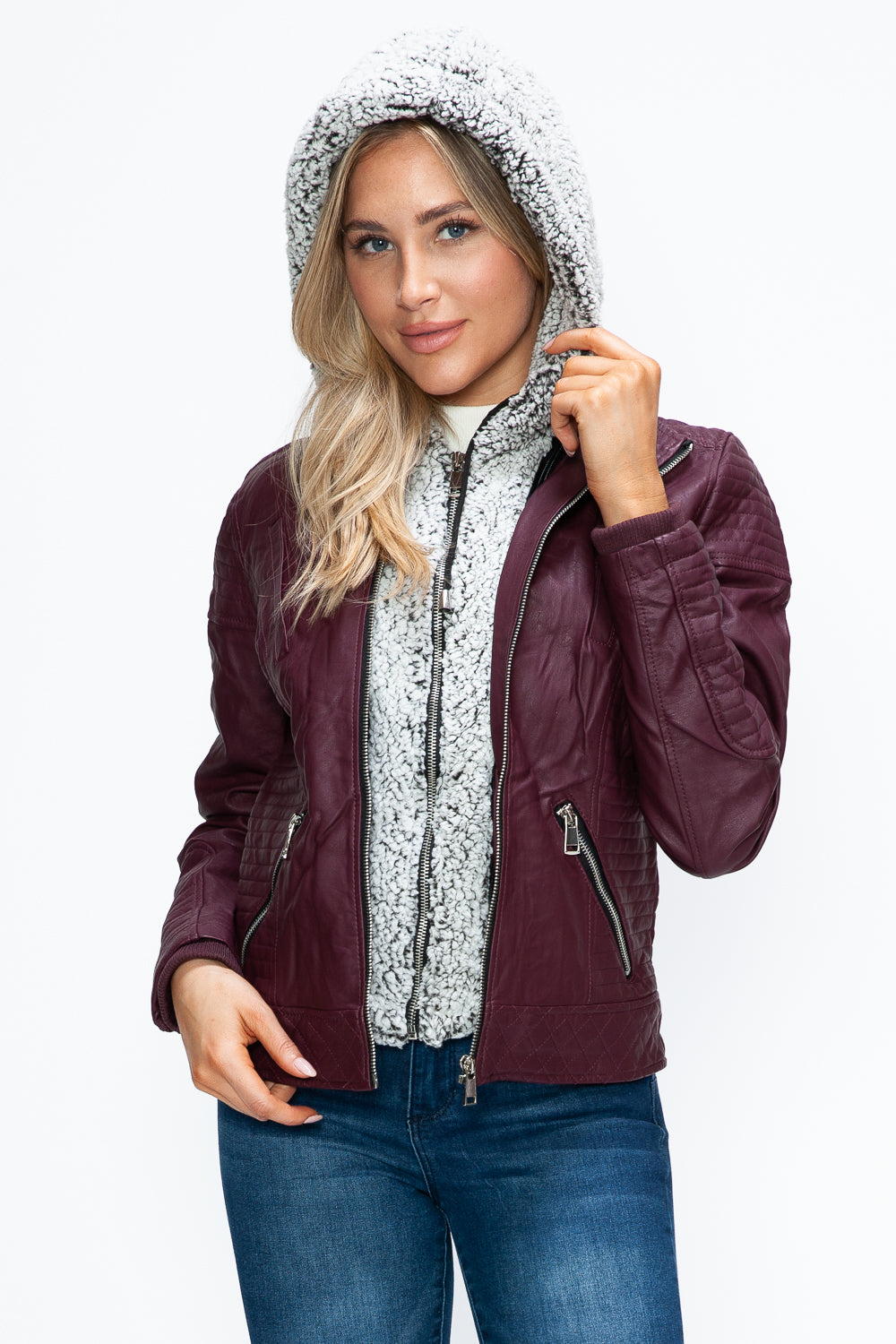 YMI Faux Layered Double-Zipper Jacket with Fuzzy Hood-Angel Casuals