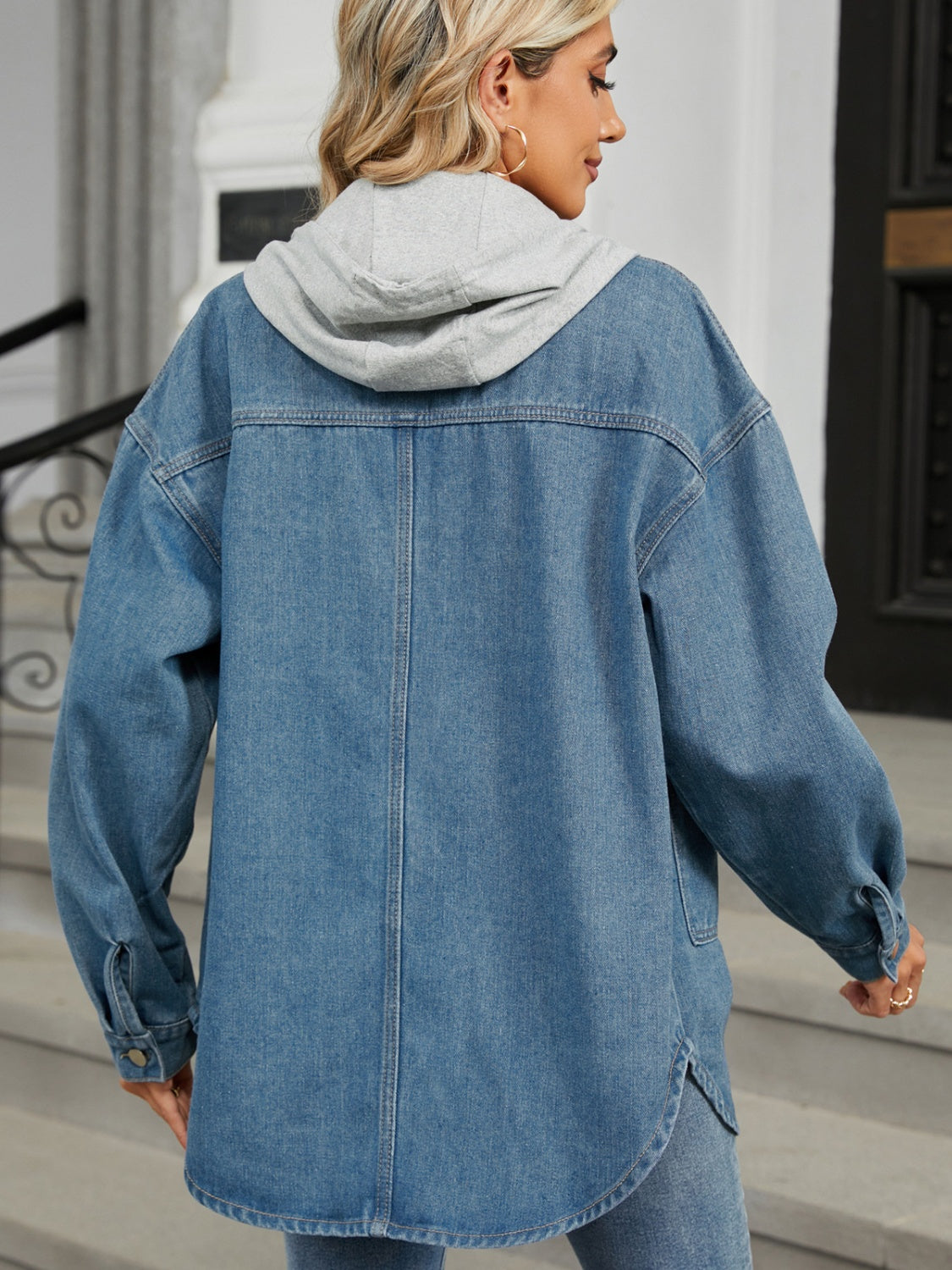 Removable Hood Button Up Long Sleeve Denim Jacket-Angel Casuals