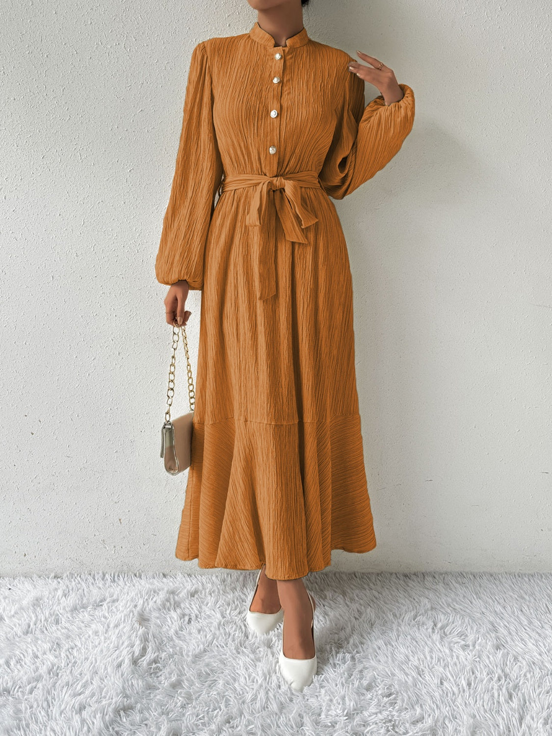 Tie Waist Long Sleeve Dress-Angel Casuals