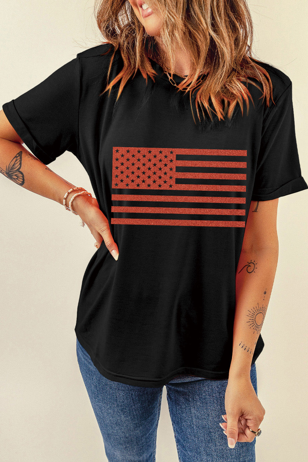 US Flag Round Neck Short Sleeve T-Shirt-Angel Casuals