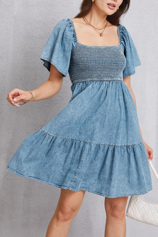 Smocked Square Neck Mini Denim Dress-Angel Casuals