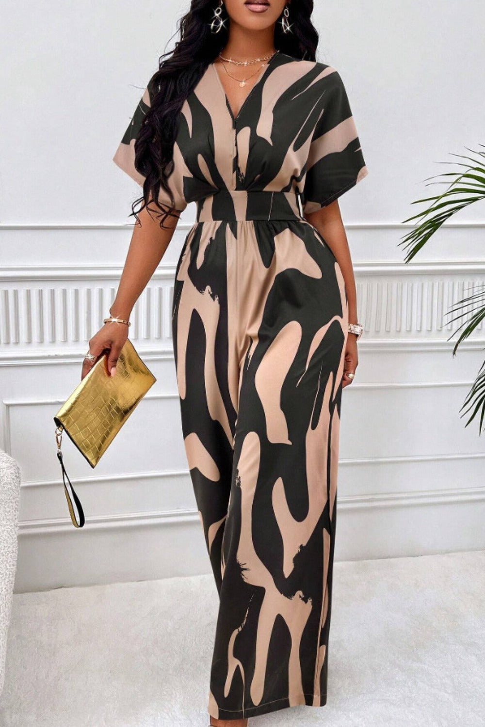 Printed V-Neck Short Sleeve Wide Leg Jumpsuit-Angel Casuals