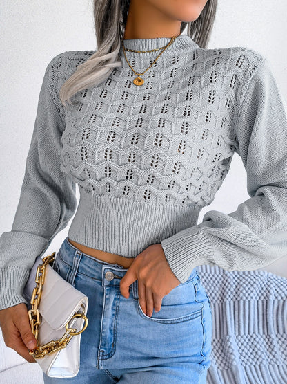 Openwork Mock Neck Long Sleeve Cropped Sweater-Angel Casuals