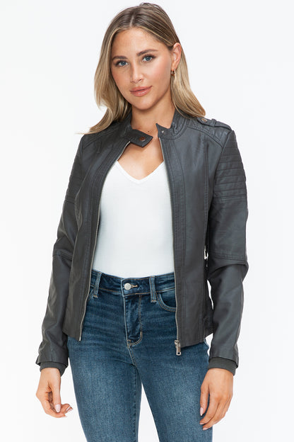 Snobbish PU Leather Biker Jacket with Side Zip Pockets-Angel Casuals