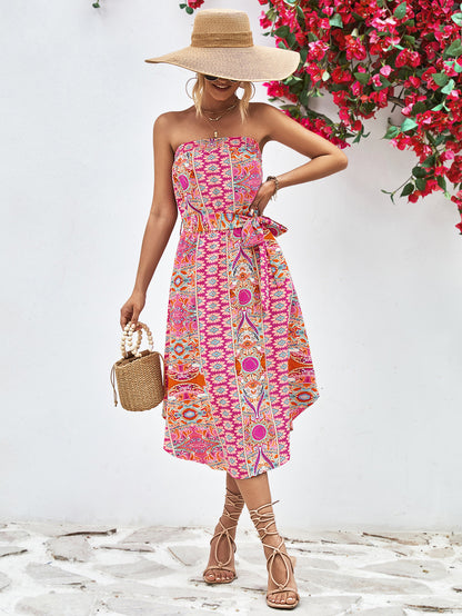 Printed Strapless Tie Belt Dress-Angel Casuals