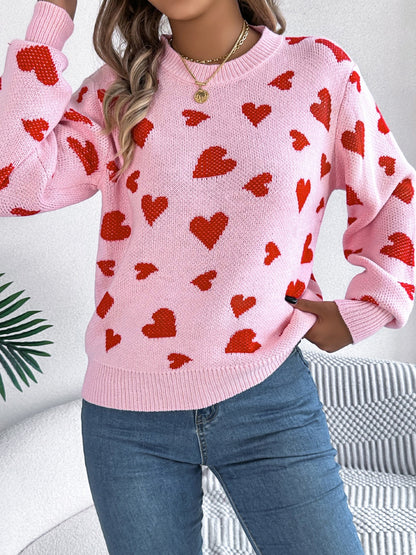 Heart Round Neck Long Sleeve Sweater-Angel Casuals