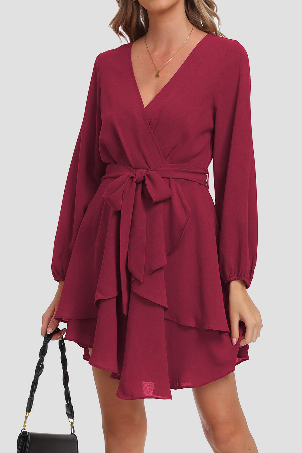 Tied Surplice Balloon Sleeve Layered Dress-Angel Casuals