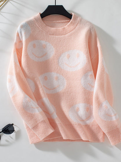 Smile Pattern Round Neck Long Sleeve Sweater-Angel Casuals