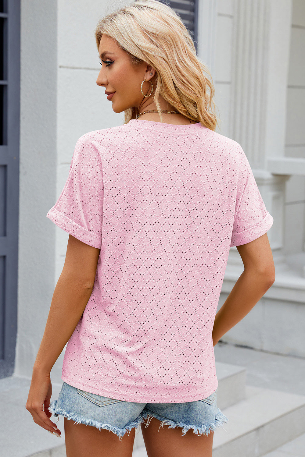 Eyelet Notched Short Sleeve T-Shirt-Angel Casuals