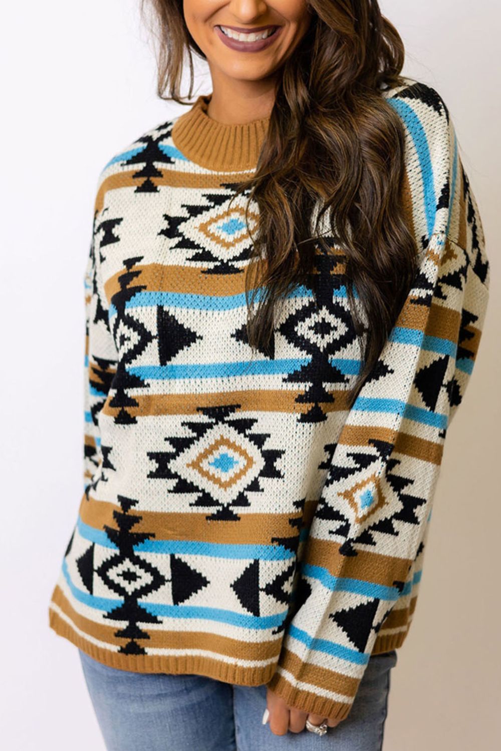 Geometric Round Neck Long Sleeve Sweater-Angel Casuals