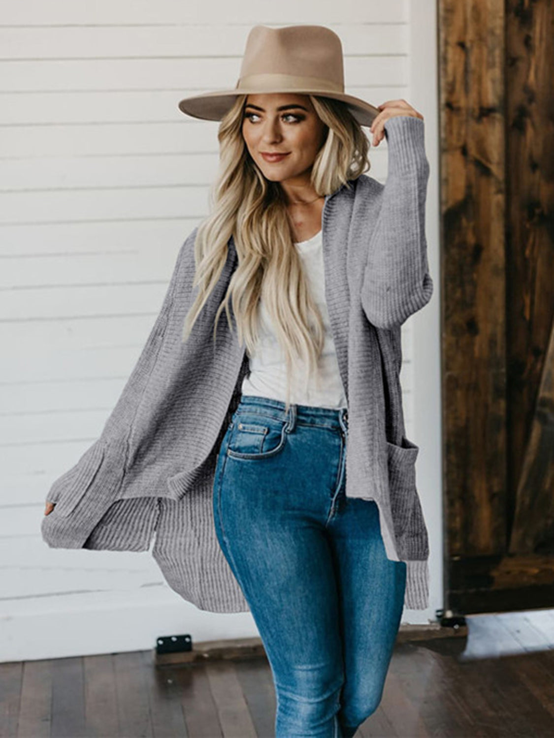 High-Low Open Front Cardigan with Pockets-Angel Casuals