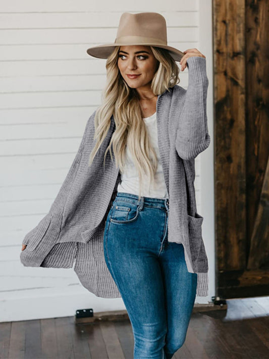 High-Low Open Front Cardigan with Pockets-Angel Casuals