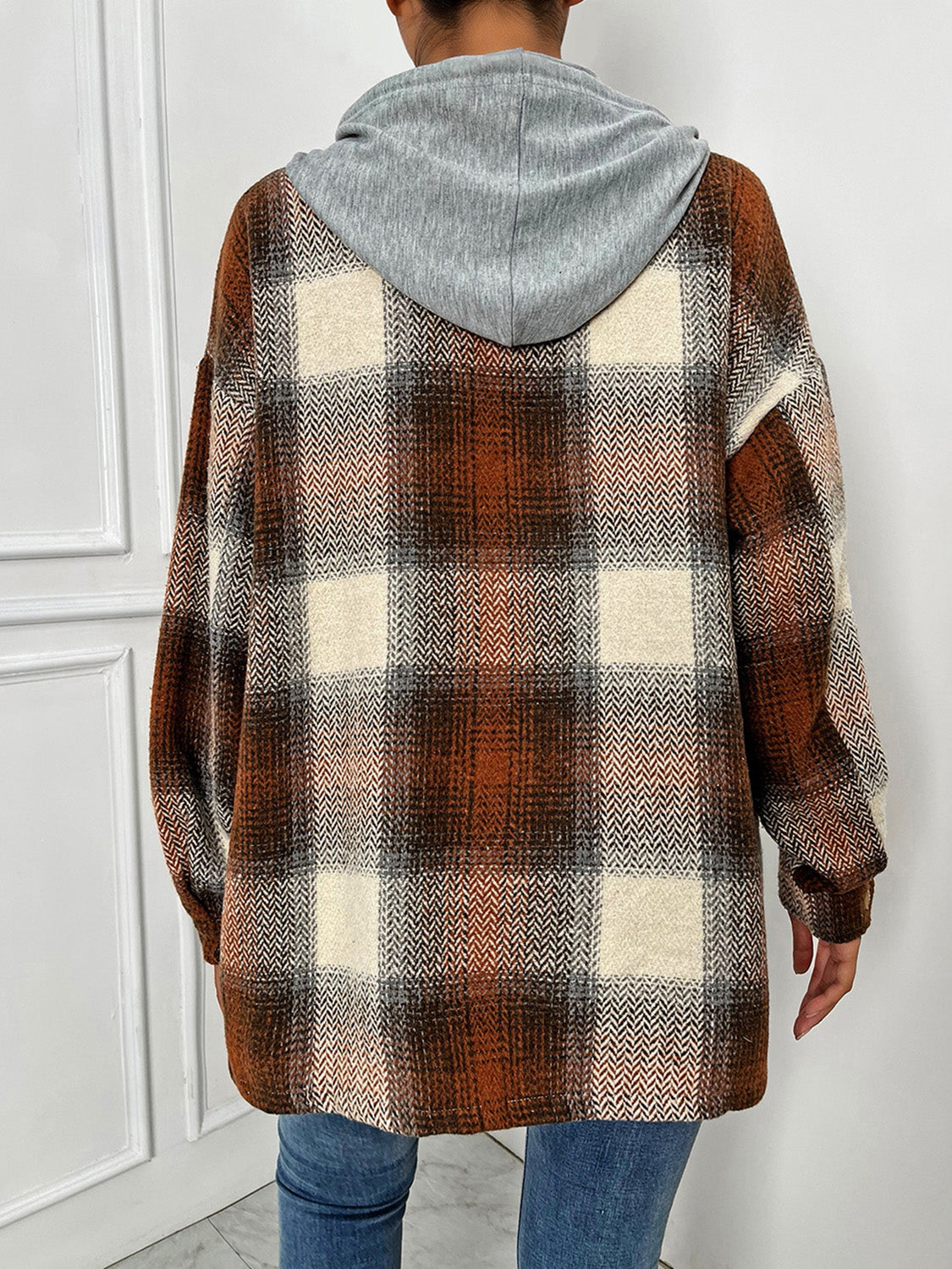 Plaid Drawstring Hooded Jacket-Angel Casuals