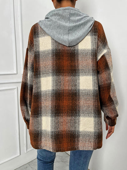 Plaid Drawstring Hooded Jacket-Angel Casuals