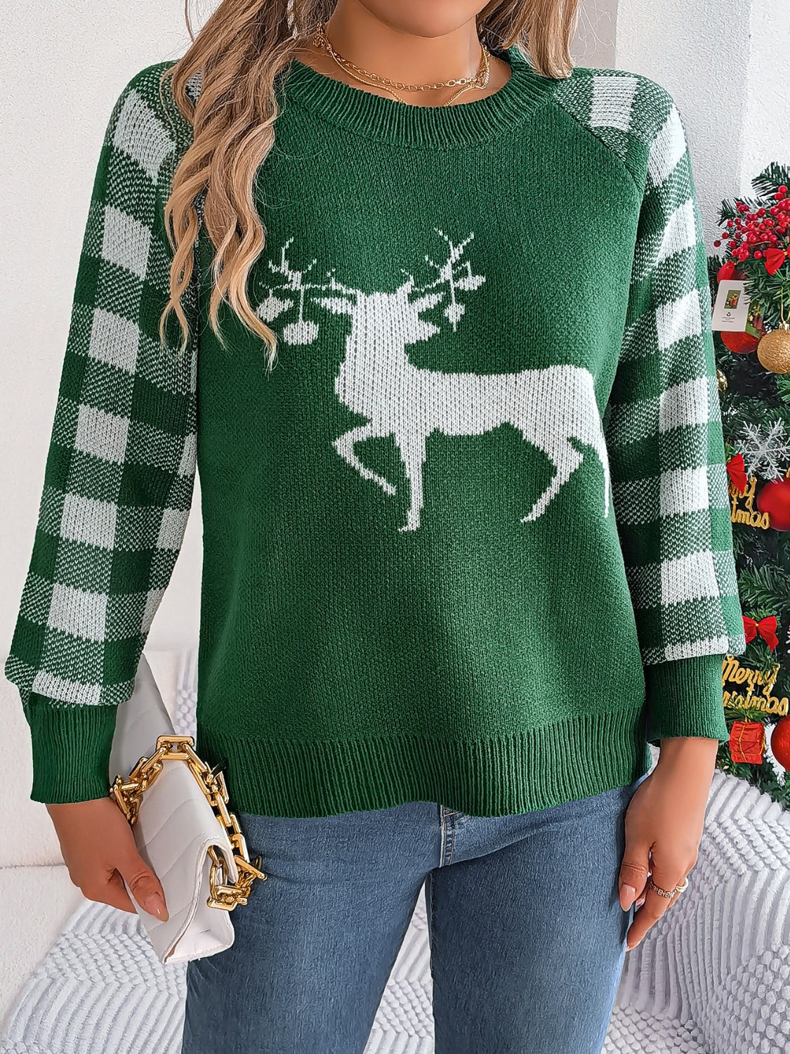 Reindeer Plaid Round Neck Long Sleeve Sweater-Angel Casuals