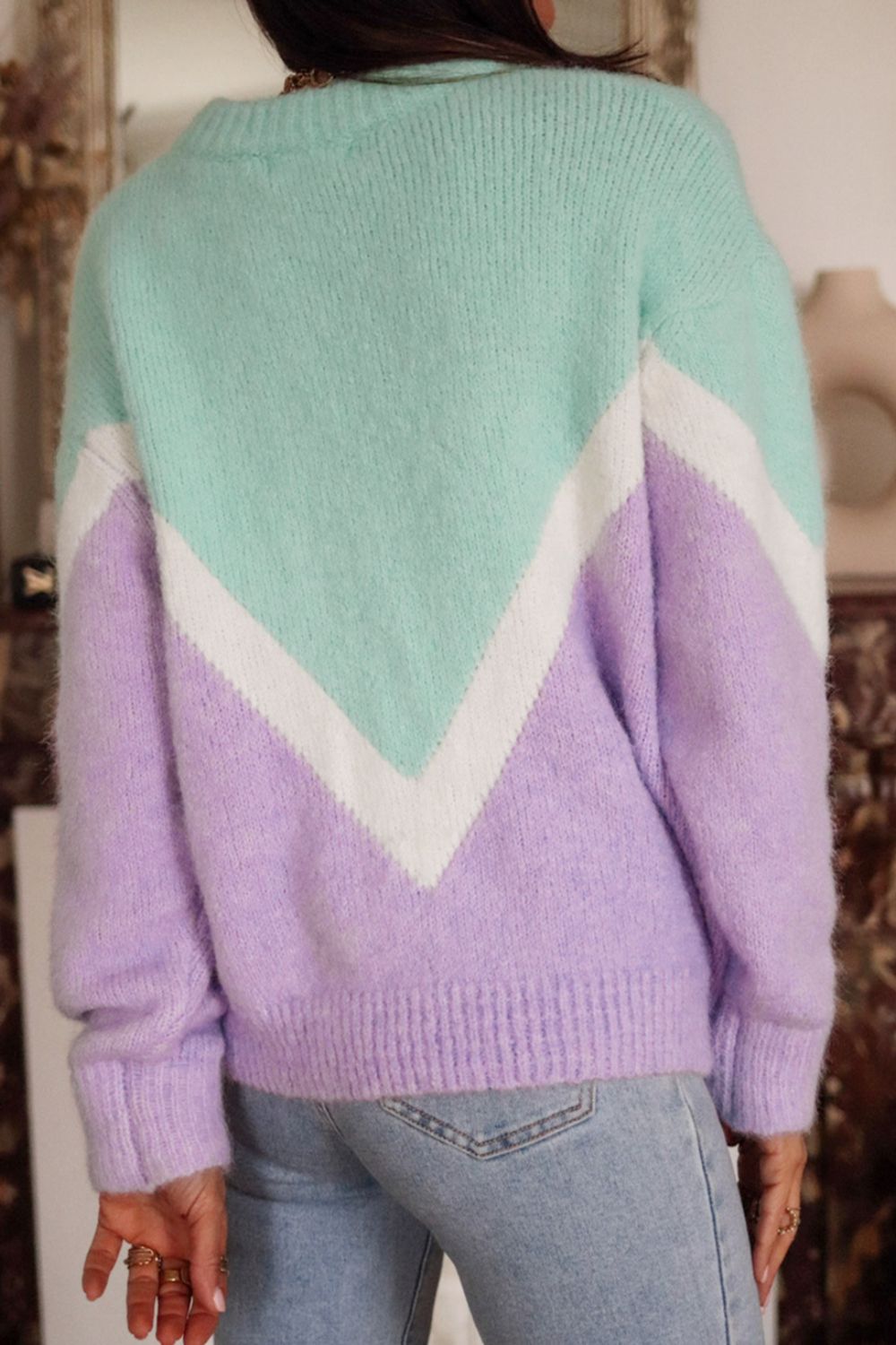 Contrast Round Neck Dropped Shoulder Sweater-Angel Casuals