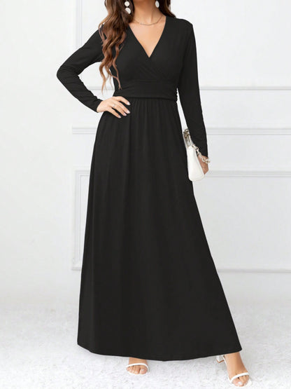 Pocketed Surplice Long Sleeve Maxi Dress-Angel Casuals