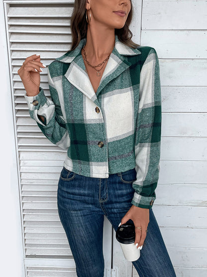 Perfee Plaid Collared Neck Button Up Long Sleeve Jacket-Angel Casuals