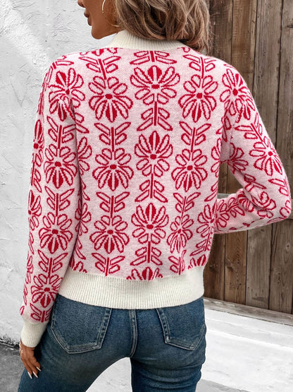 Perfee Flower Round Neck Long Sleeve Sweater-Angel Casuals