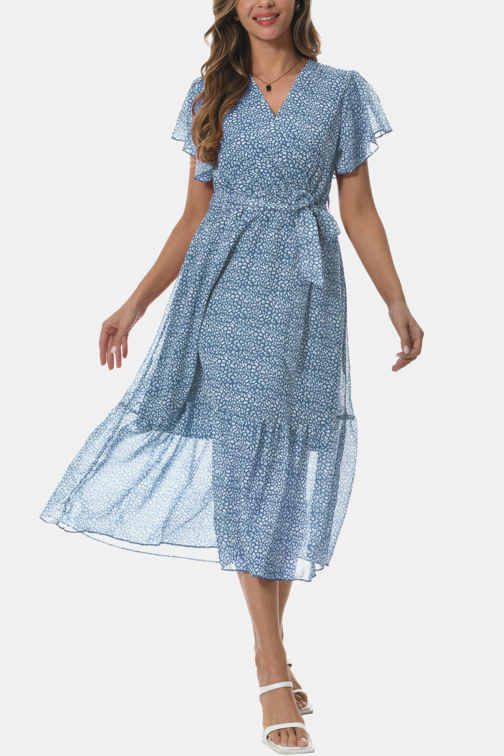 Surplice Neck Flutter Sleeve Tied Dress-Angel Casuals