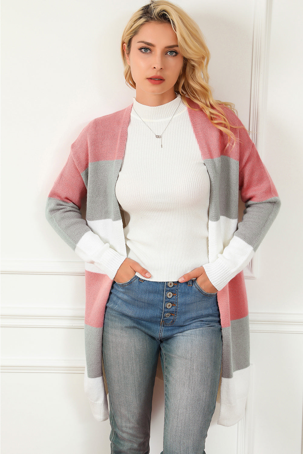 Striped Open Front Long Sleeve Cardigan-Angel Casuals