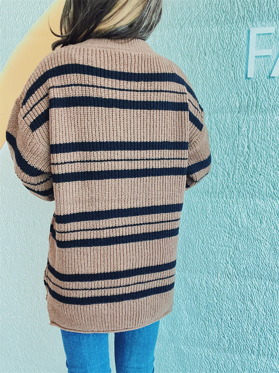 Striped Round Neck Long Sleeve Sweater-Angel Casuals