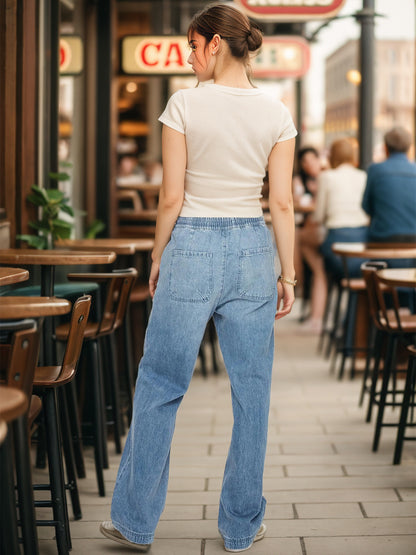 Drawstring Straight Jeans with Pockets-Angel Casuals