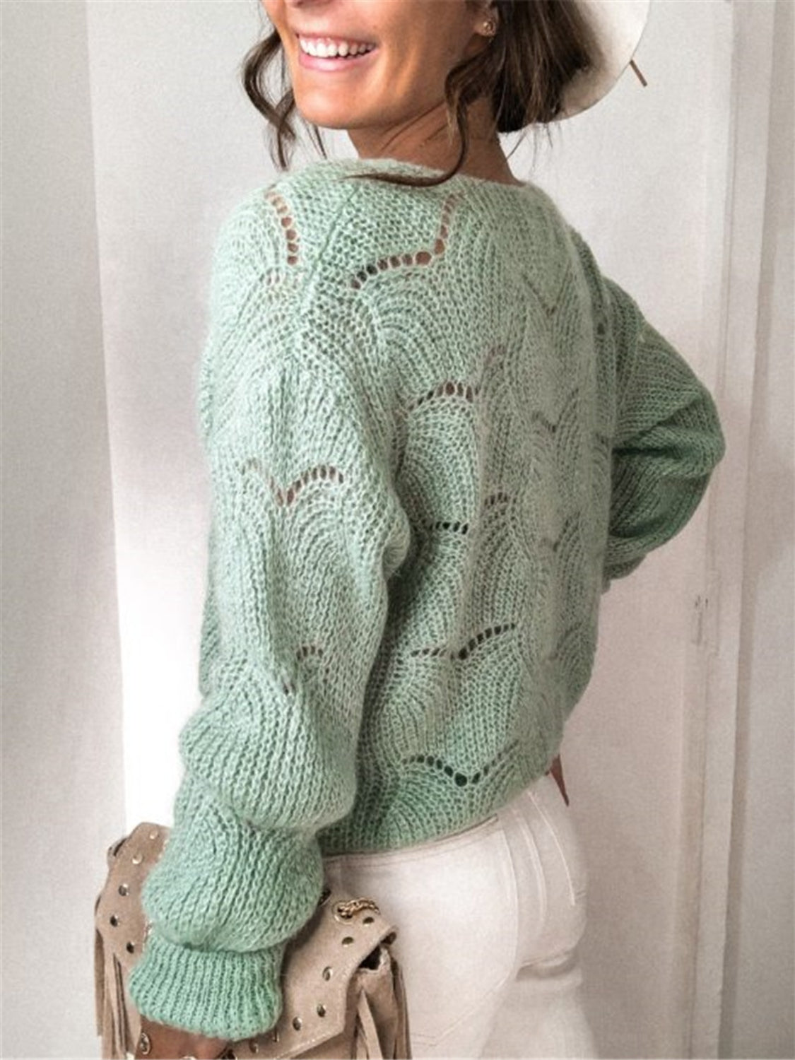 Openwork Button Up Long Sleeve Cardigan-Angel Casuals